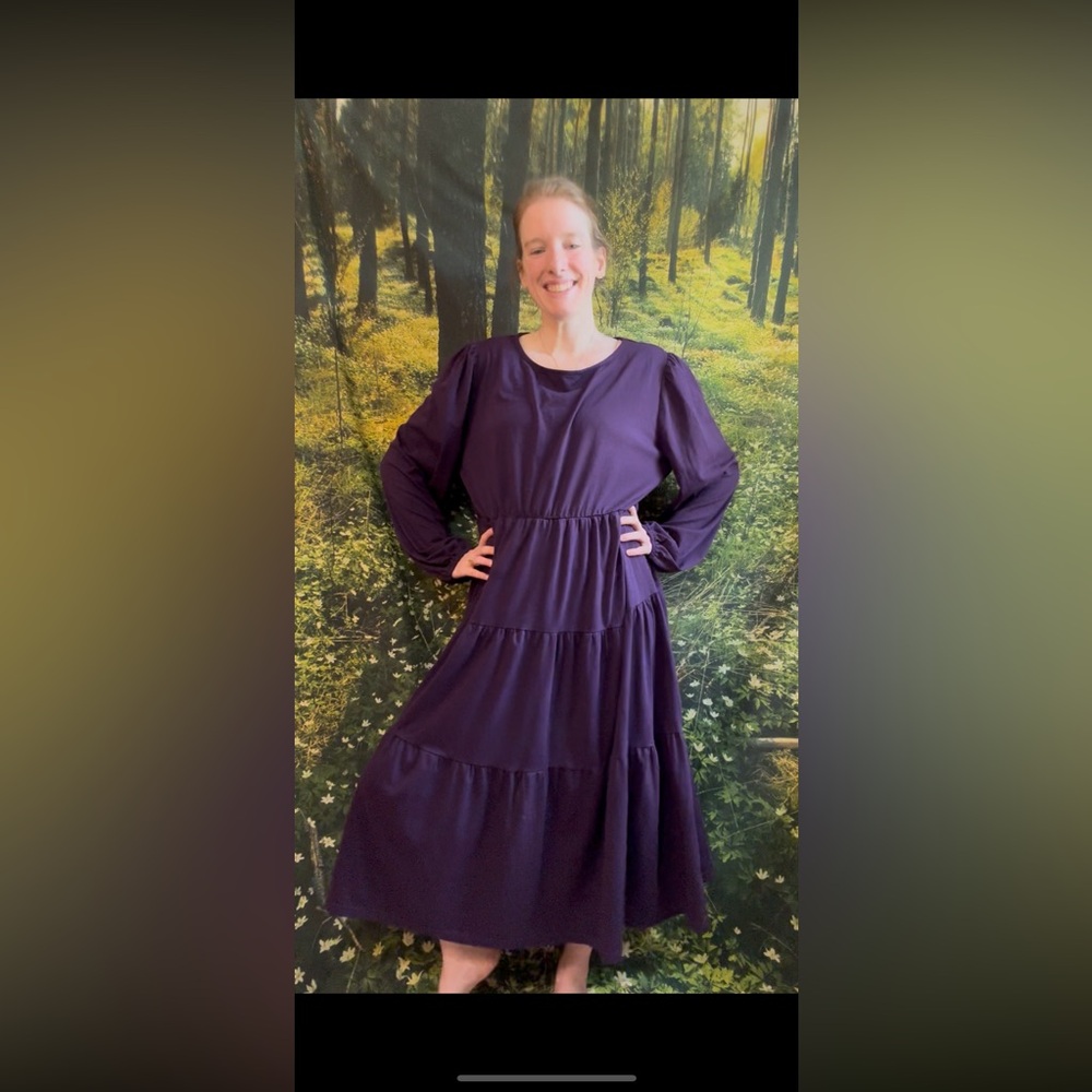 💜 Grace Karin Tiered Long Sleeve Midi Dress – Deep Purple – Size 2XL
